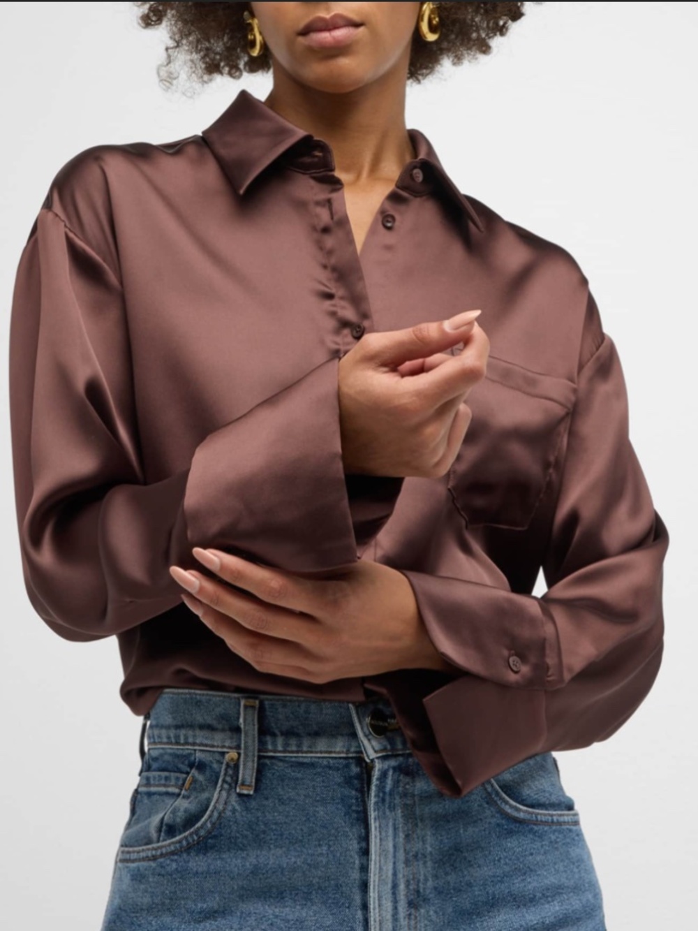 Alice + Olivia Finely Oversized Satin Button-Front Shirt
